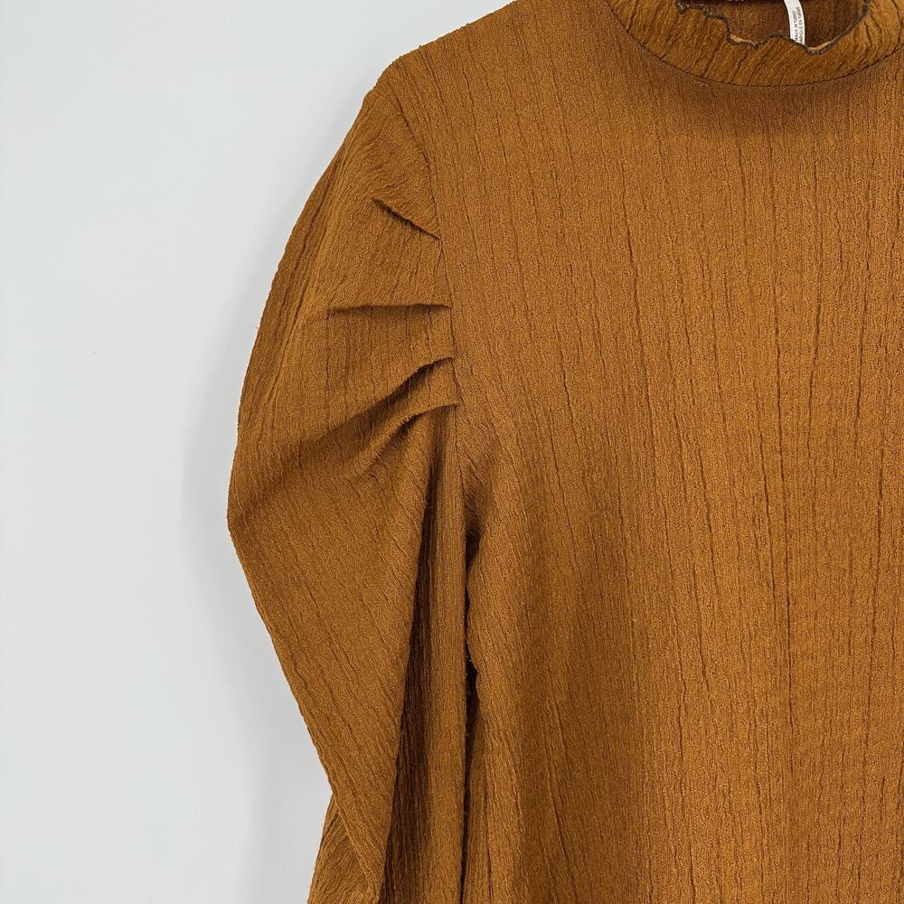 Free People Sweater Womens Large Brown Textured Puff Sleeve High Neck Boho Top - Picture 4 of 14